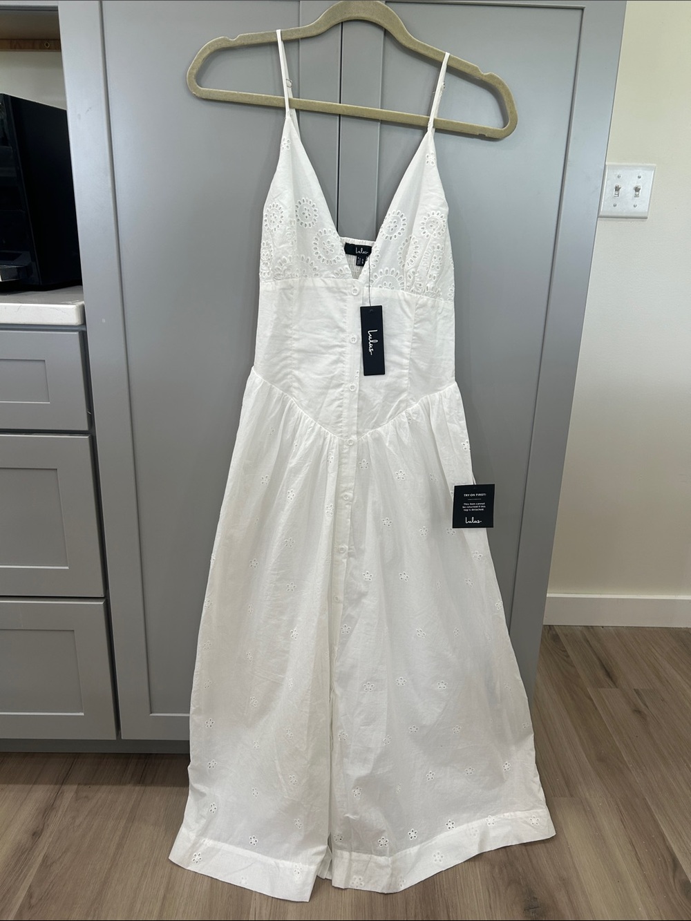 Lulus NWT White Eyelet Drop Waist Midi Dress XS Bridal Graduation